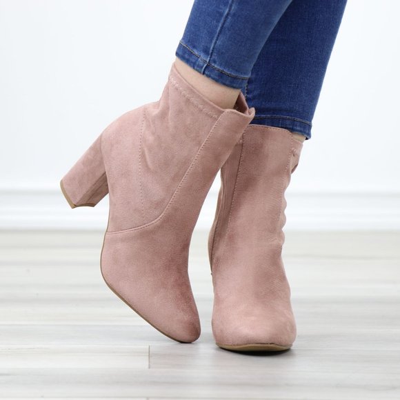Pointed Toe Pink Faux Suede Block High Heel Above Ankle Boots - Picture 11 of 14